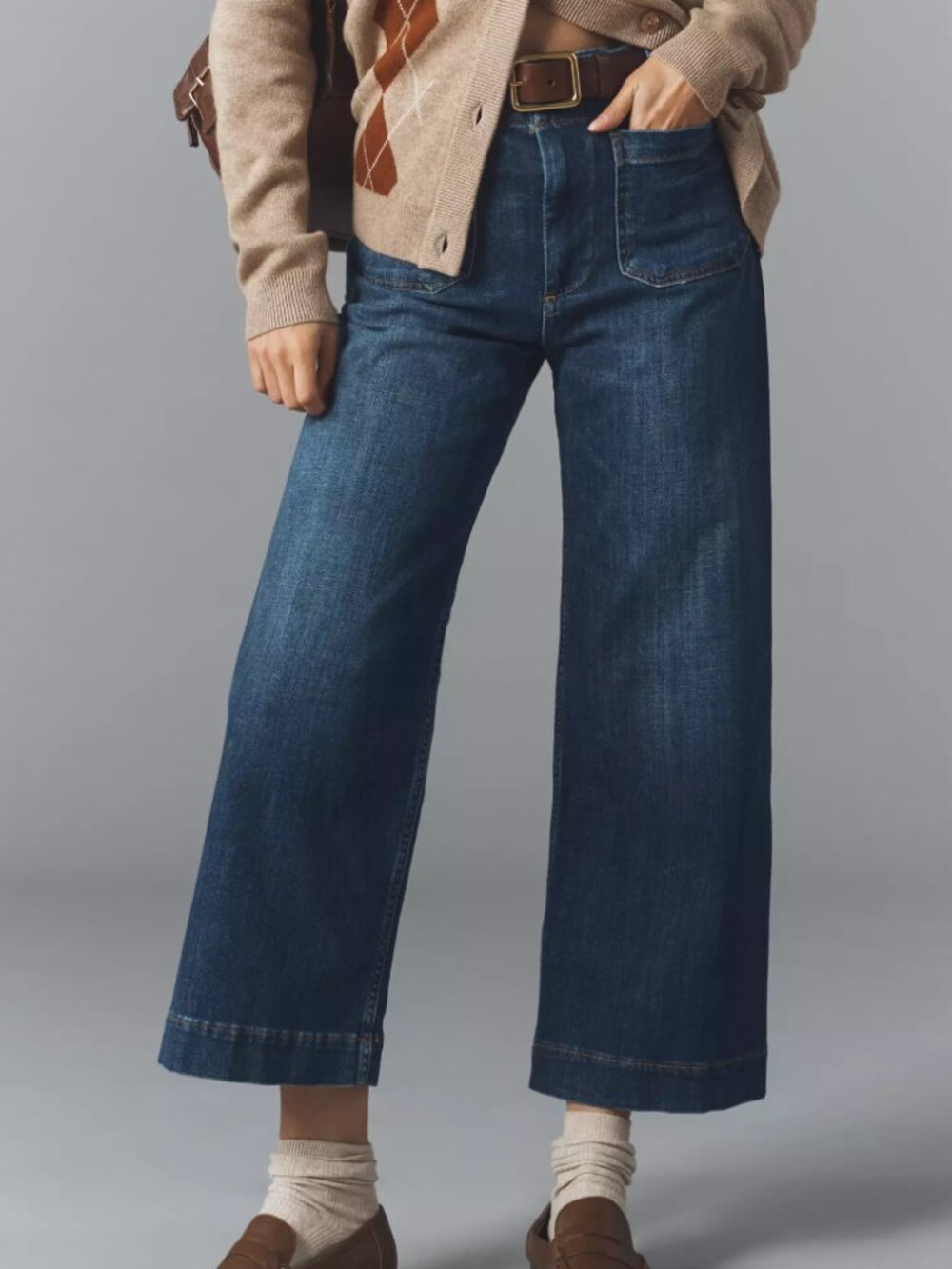 Maeve Anthropologie Colette High-Rise Wide-Leg Cropped Blue Jeans Pockets, sz 27